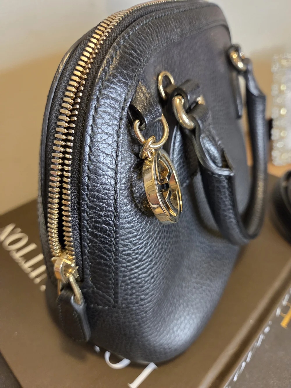 Gucci Black Leather Dome Satchel with Gold Hardware
